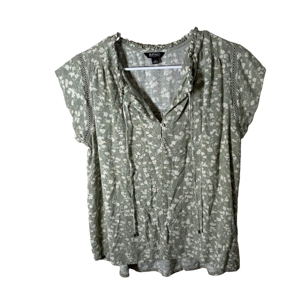 Buffalo David Bitton Blouse Women's Medium Green V-Neck Ruffle Short Sleeve Top